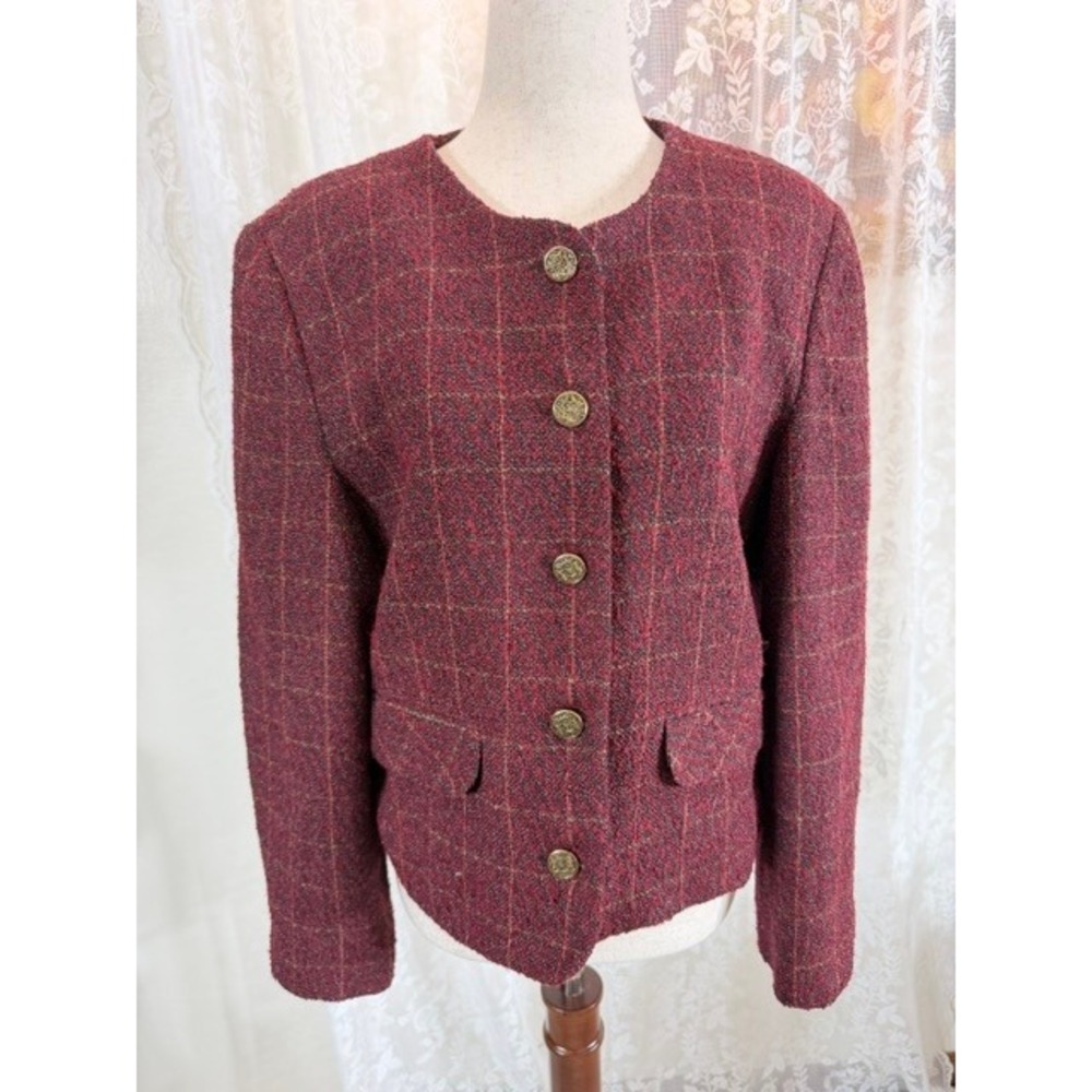 Norton McNaughton Vintage Wool Blend Plaid Boucle Blazer Jacket Burgundy Red 12